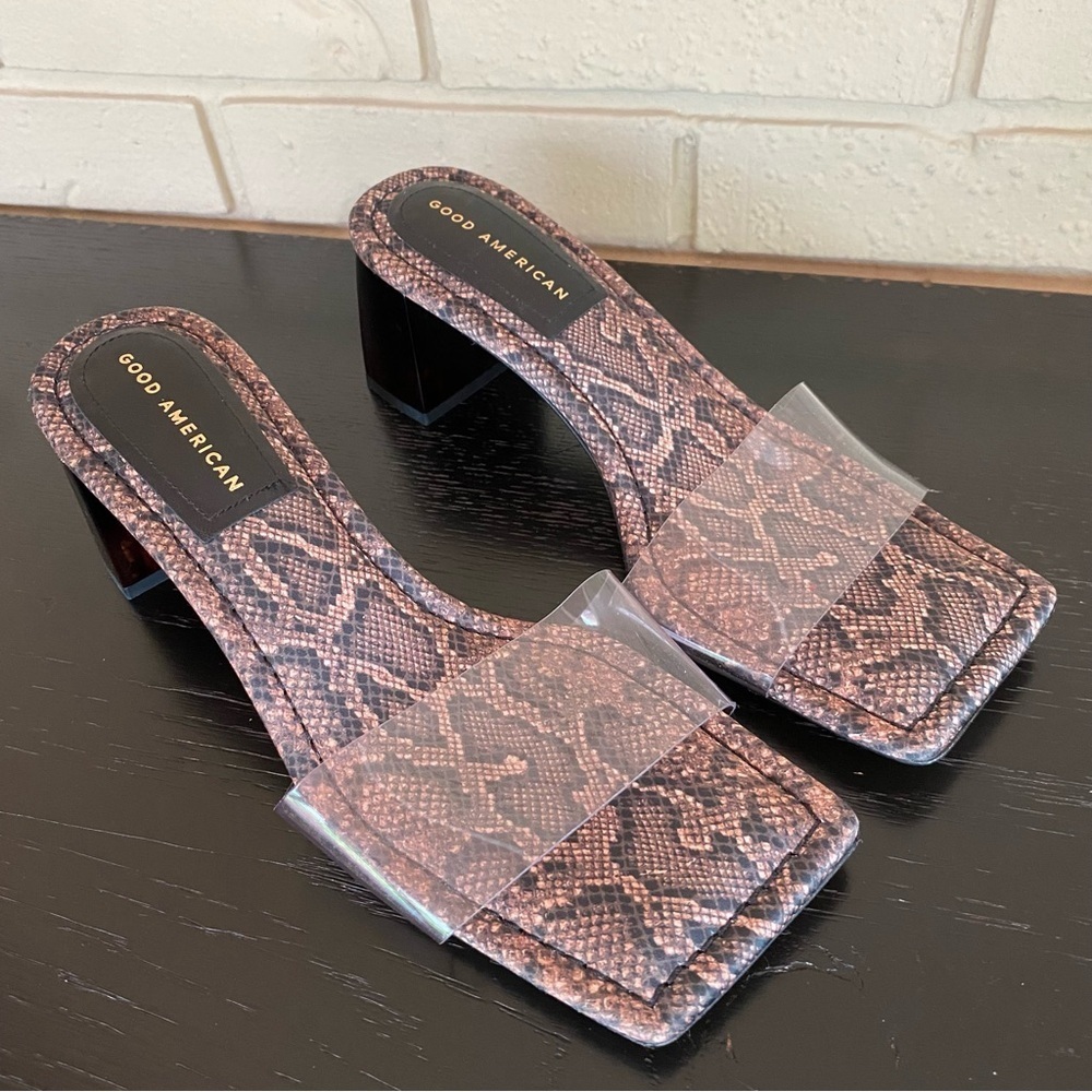 Good American Block Heel Slide Sandal Desert Snake Sz 9 1/2 Going Out Square Toe